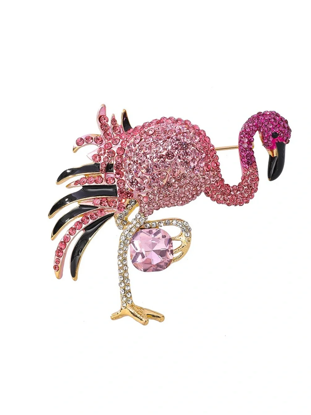 Pink Flamingo Brooch Pin – Rhinestone Crystal Tropical Bird Statement Jewelryy
